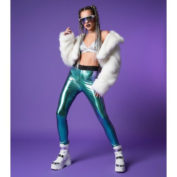 NWT Club Exx Metallic High Waist Iridescent Leggings | Après-Sk Rave Euphoria XS - Picture 2 of 13